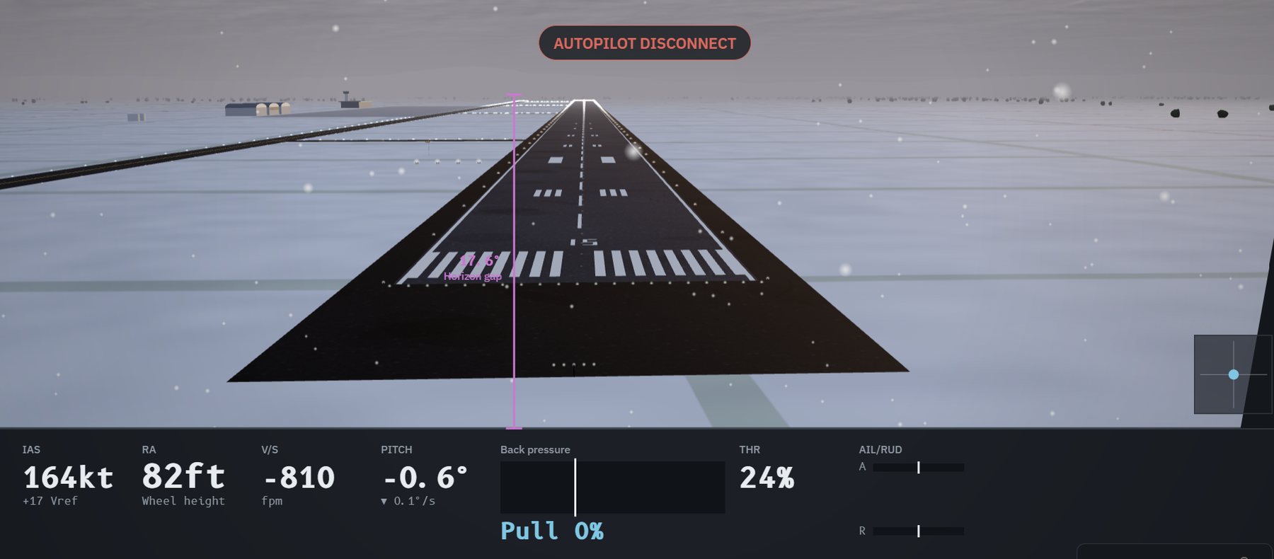 Short final in heavy snow, crossing the threshold with the cowling-horizon gap measured in magenta